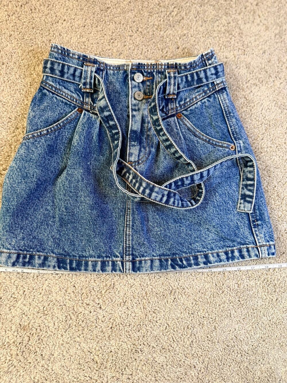 Abercrombie & Fitch Belted Paperbag Denim Mini Skirt Pleated Acid Wash 80s 24 00